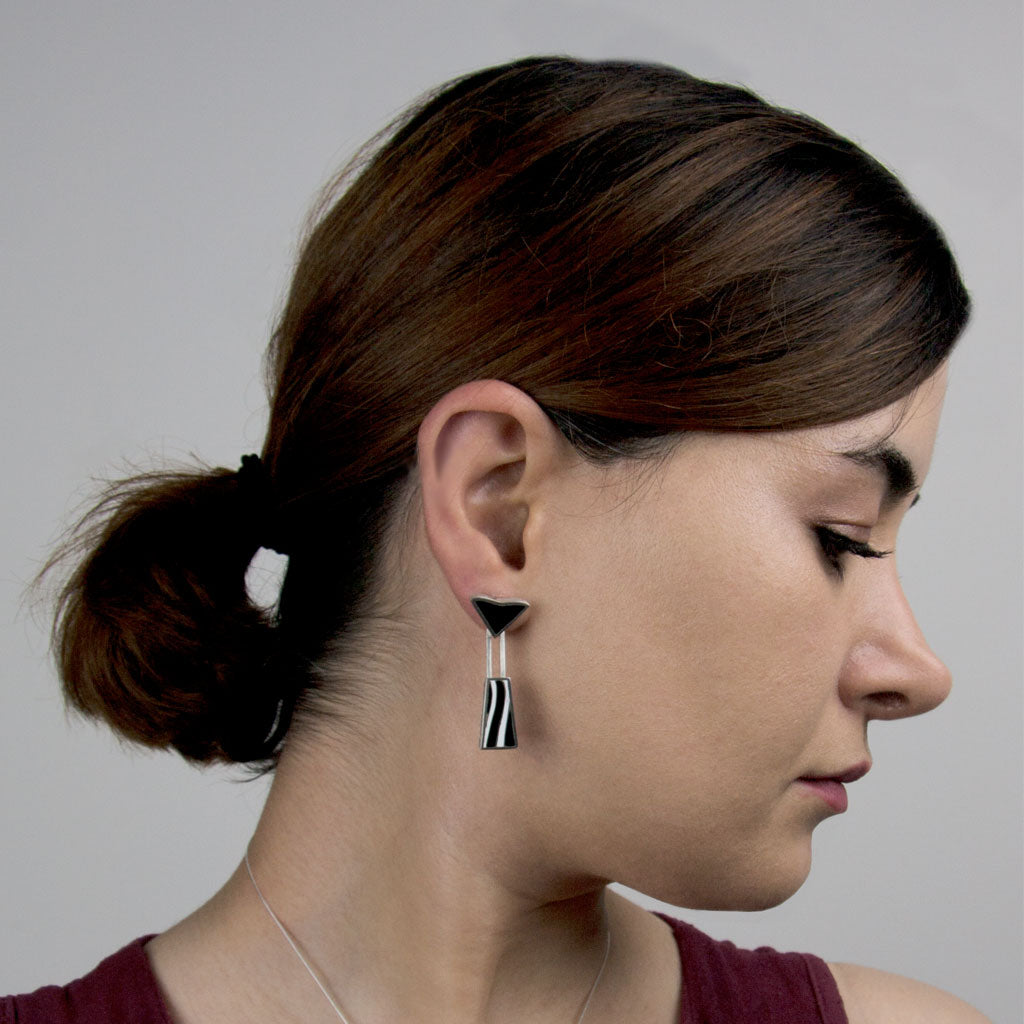 Flow Black and White Silver Drop Earrings