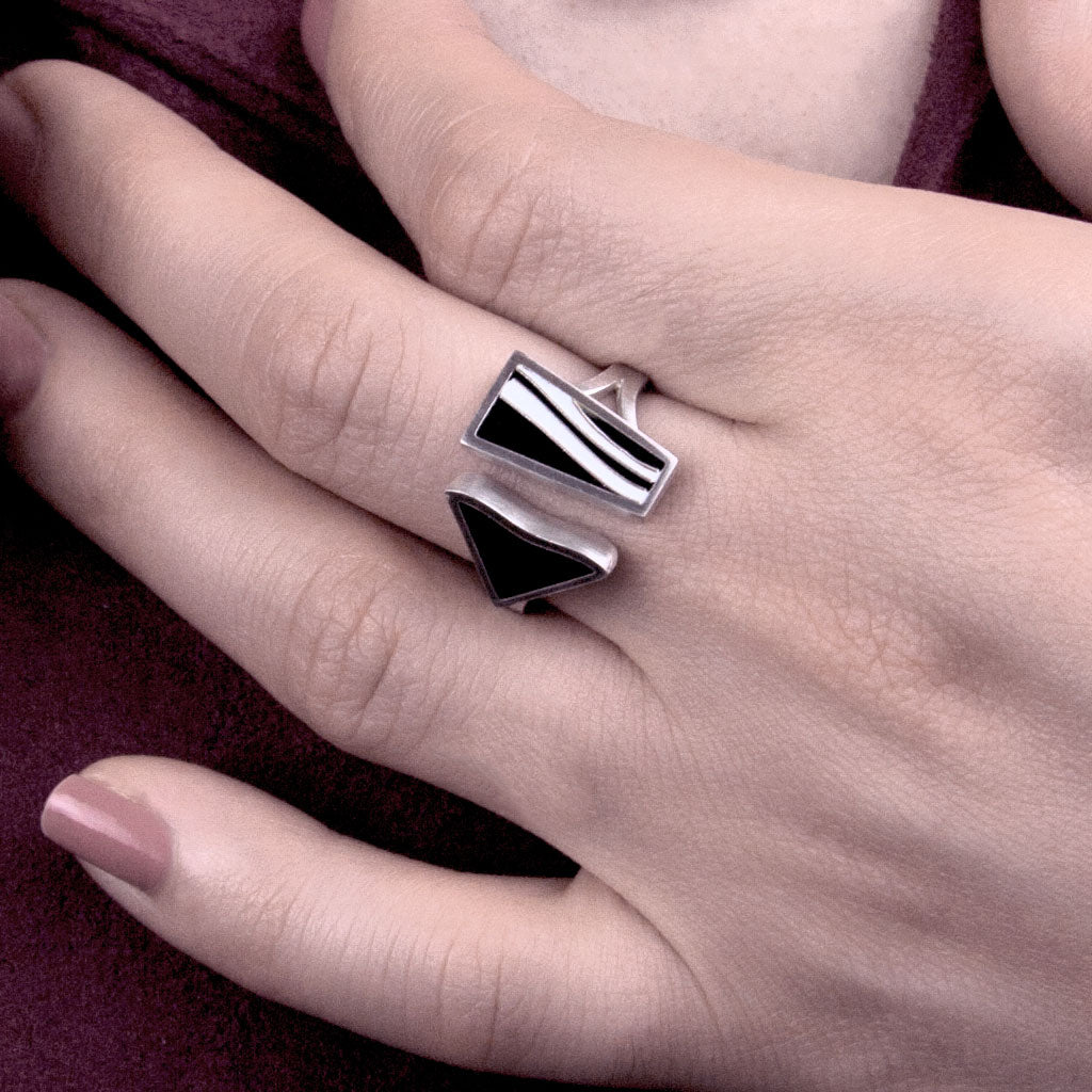 Flow Black and White Silver Open Ring