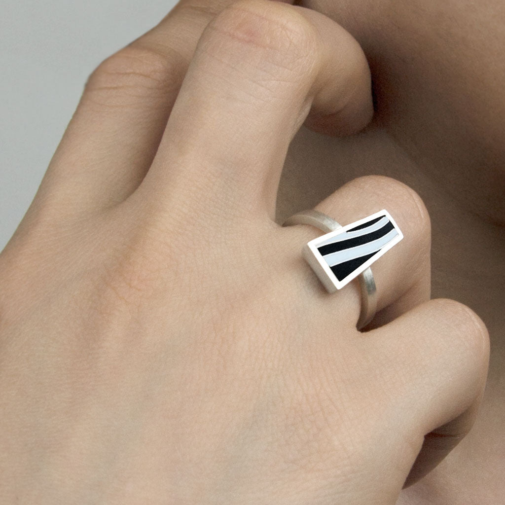 Flow Black and White Silver Ring