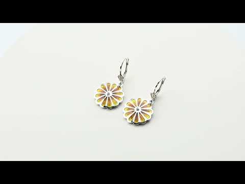 Persian Yellow Lotus handmade sterling silver drop earrings with yellow enamel and blue topaz displayed on neutral background