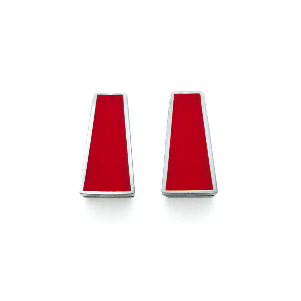 sterling silver stud earrings adorned with red vitreous enamel. made by Mahroz Hekmati