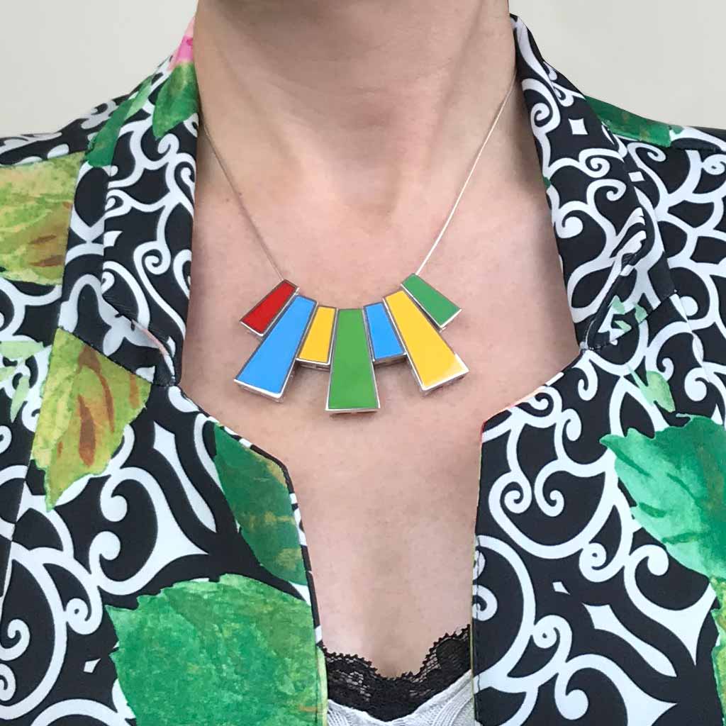 Designer necklace made in UK. Sterling silver with vibrant turquoise, red,yellow and green vitreous enamel colors. handmade by Mahroz Hekmati