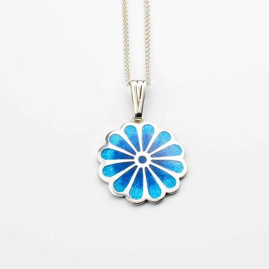 Persian Lotus Pendant handcrafted in sterling silver with blue vitreous enamel, featuring a refined lotus motif inspired by Persian art.
