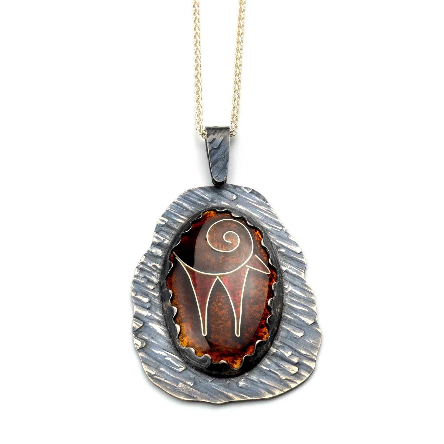 Zagros Spirit Pendant handcrafted in sterling silver with kiln-fired vitreous enamel, featuring an abstract mountain goat inspired by the Zagros Mountains of Persia.