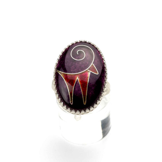 Zagros Spirit Ring handcrafted in sterling silver with kiln-fired vitreous enamel, featuring a rich purple background and deep red abstract mountain goat.