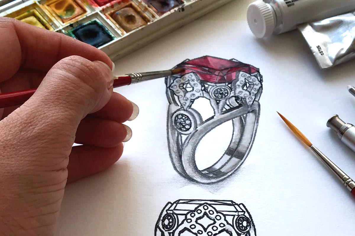 Jewellery design process, hand-rendering gold, ruby and diamond cocktail ring by Mahroz Hekmati