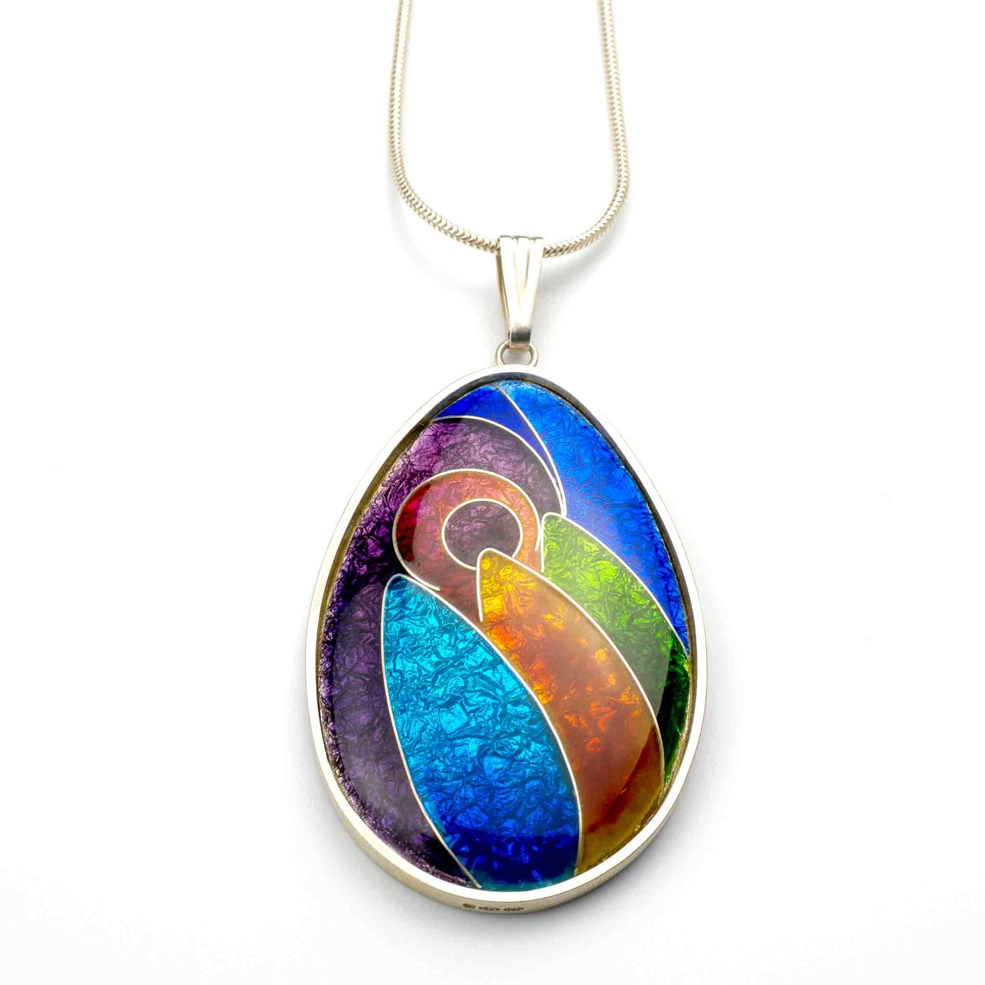 Colorful vitreous enamel pendant with a silver chain on a white background
