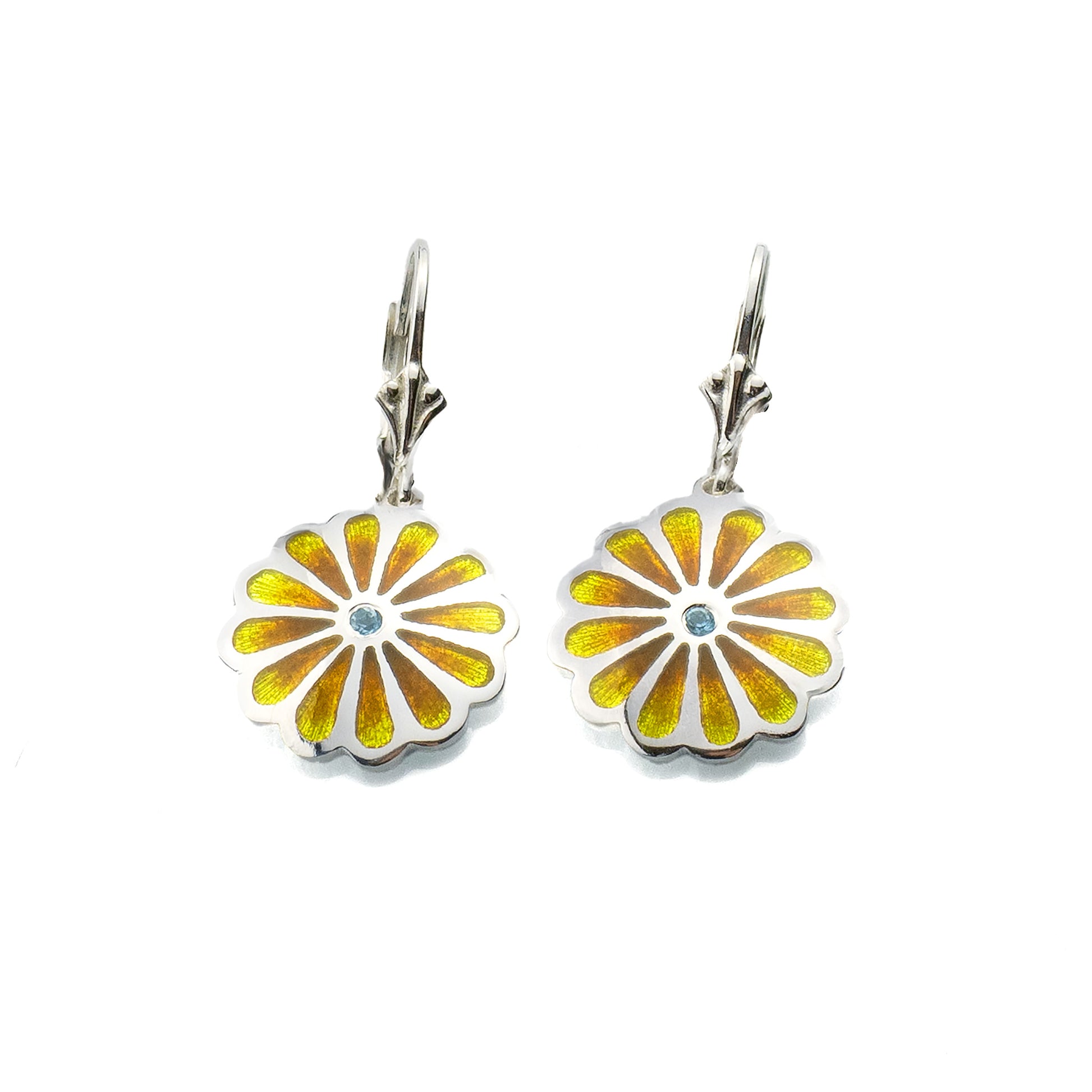 Handmade sterling silver Persian lotus drop earrings with warm yellow vitreous enamel and blue topaz on white background