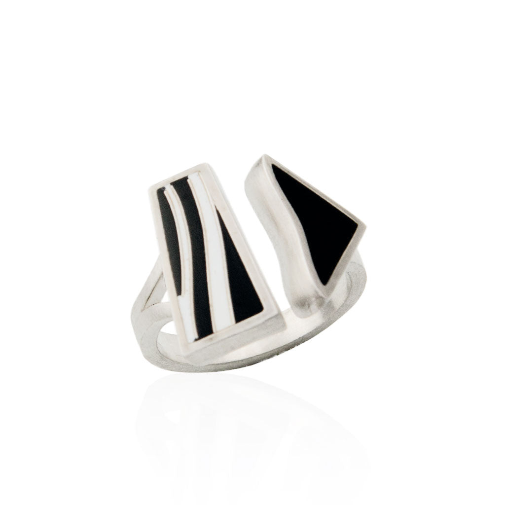 Flow Black and White Silver Open Ring