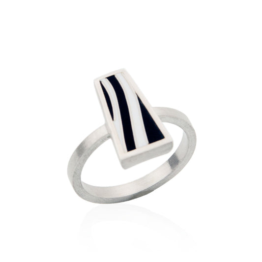 Flow Black and White Silver Ring
