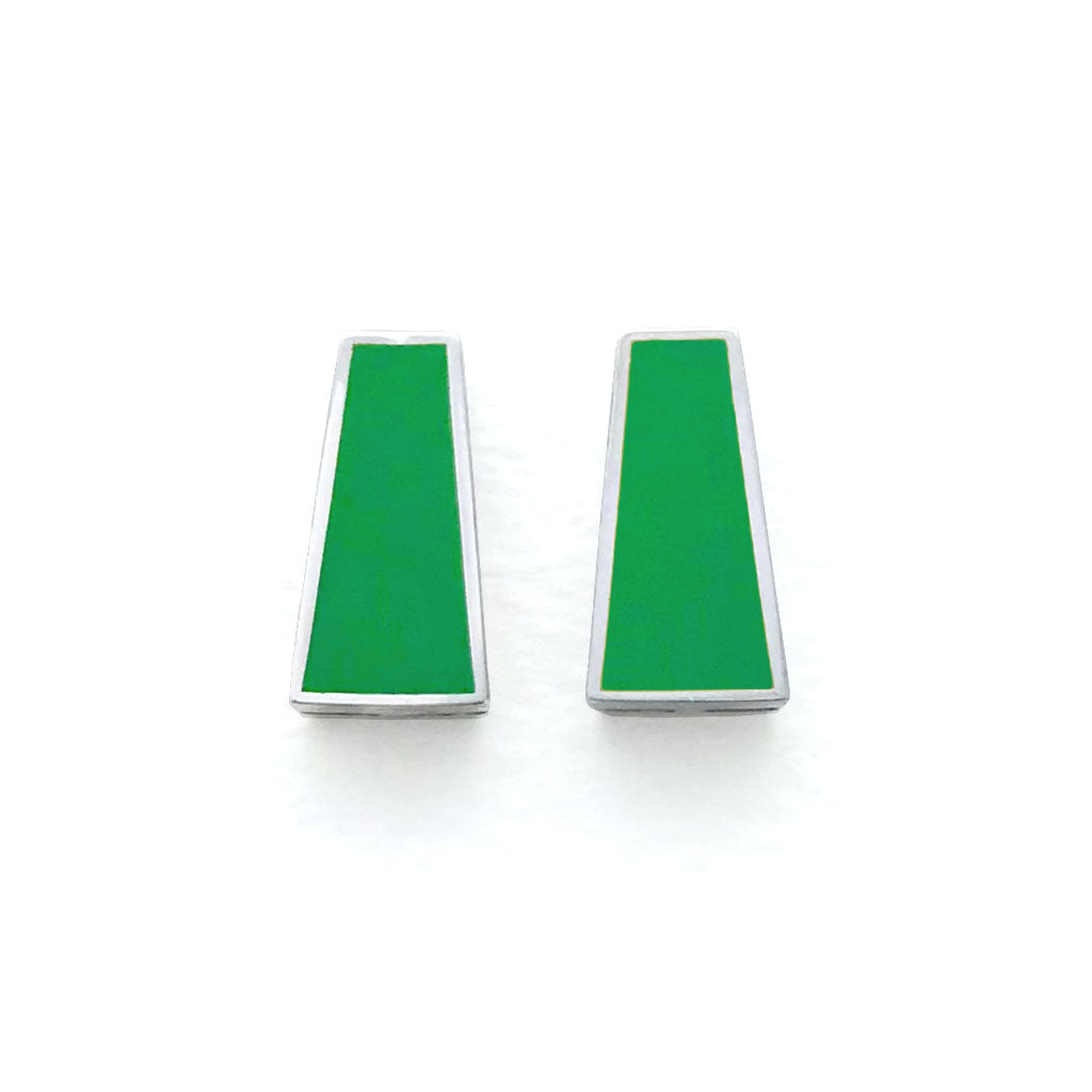 Grass green vitreous enamel and sterling silver stud earrings by Mahroz Hekmati
