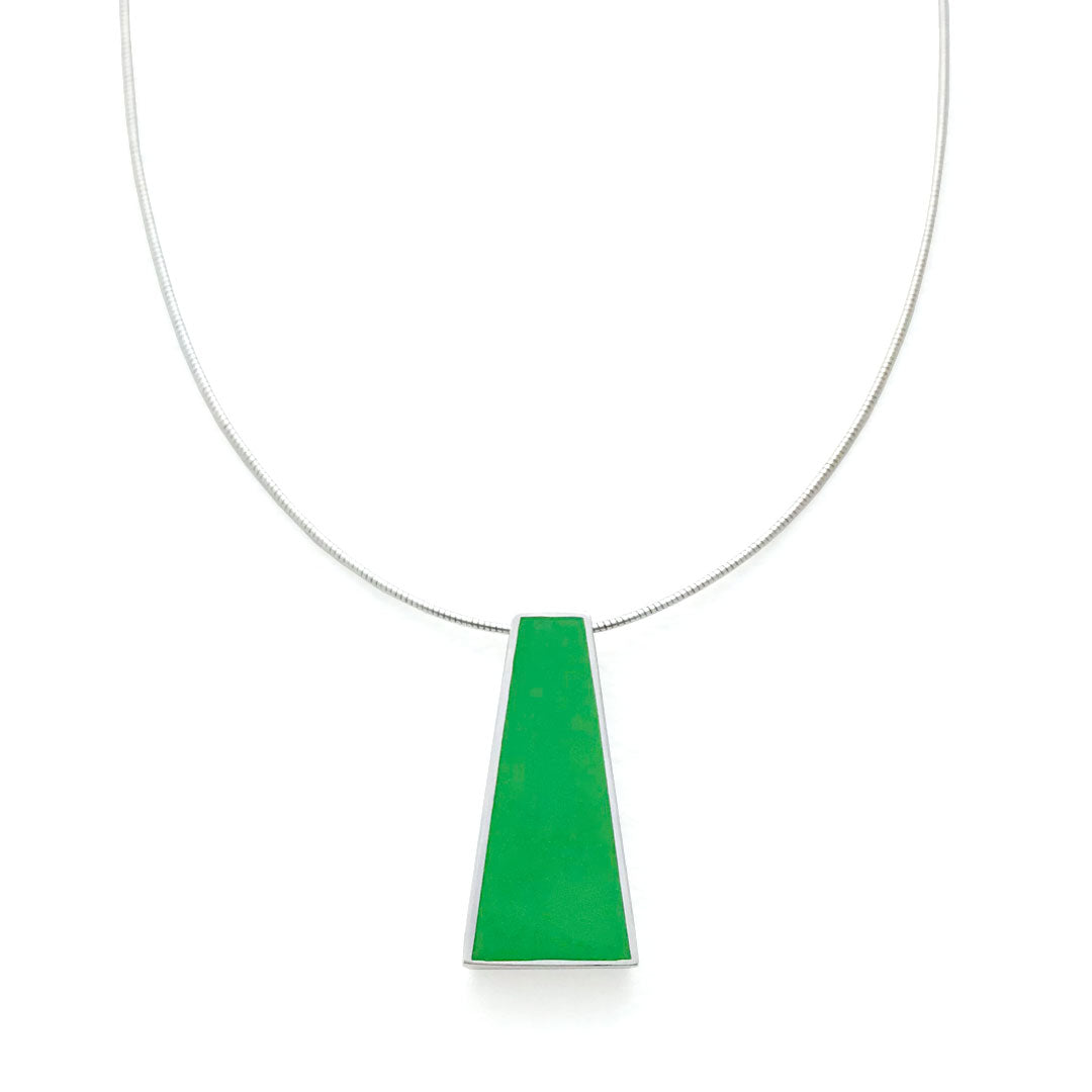 Designer silver pendant adorned with green fire enamel. Mahroz Hekmati
