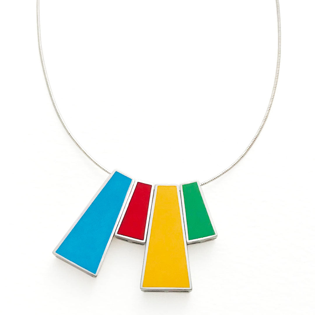 Designer silver and enamel necklace. enamel colours blue, red, yellow, green. Mahroz Hekmati