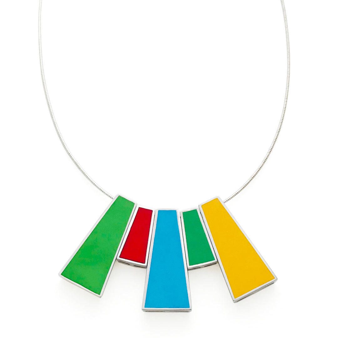 Handmade stylish necklace made of silver by Mahroz Hekmatiand colourful vibrant yellow, green, red and Turquoise enamel colors