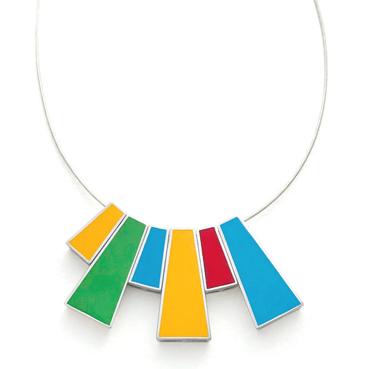 designer necklace made of sterling silver and colourful vibrant yellow, green, red and Turquoise enamel colors. Mahroz Hekmati