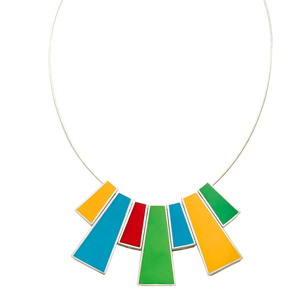 Handmade stylish necklace made of silver and colourful vibrant yellow, green, red and Turquoise enamel colors. designer Mahroz Hekmati