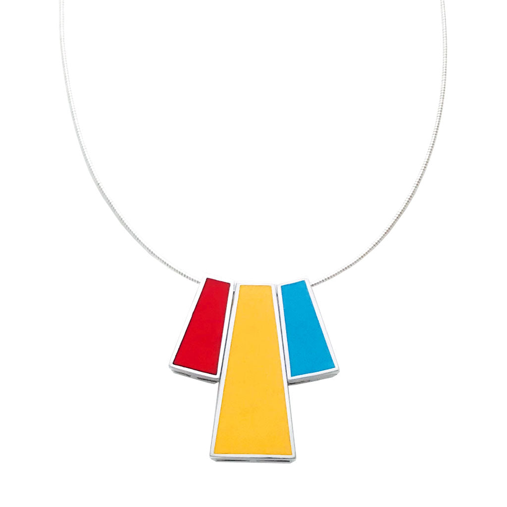 Designer sterling silver pendant with red, yellow and turquoise blue enamel color. Mahroz Hekmati 